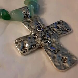 Silver Cross Pendant with Green Beads